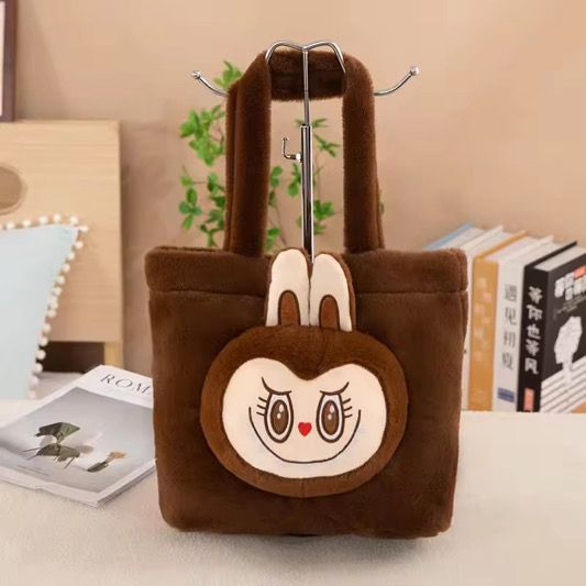 Braune Plüsch-Kinderhandtasche mit süßem Hasengesicht und Öhrchen, weich und leicht für Alltag oder Geschenk.